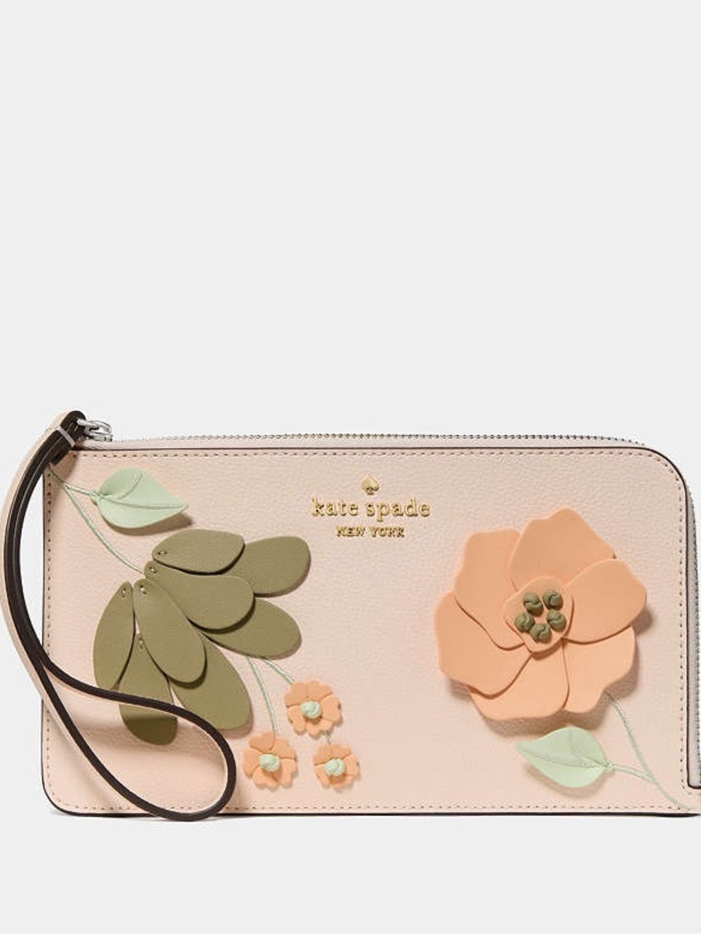 Kate Spade Lucy Floral Applique Medium L-Zip Wristlet Fresh Peach Multi